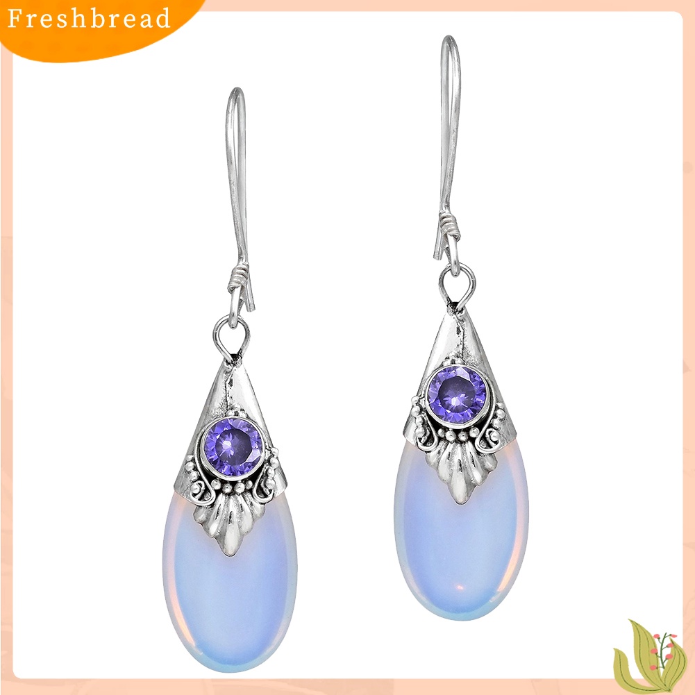 &lt; Freshbread &gt; Wanita Fashion Teardrop Drop Menjuntai Kait Anting Perhiasan Pesta Moonstone Imitasi