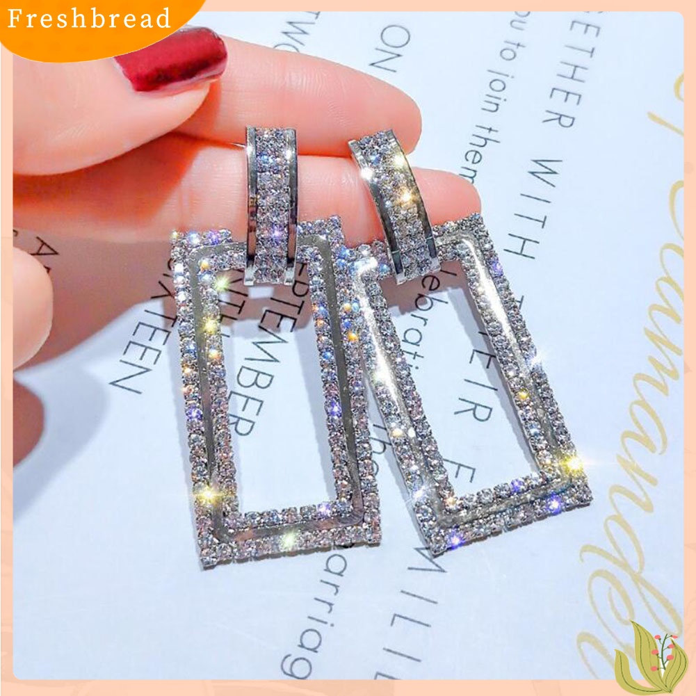 &lt; Freshbread &gt; Wanita Berlian Imitasi Bertatahkan Berongga Persegi Panjang Menjuntai Ear Stud Earrings Perhiasan Hadiah