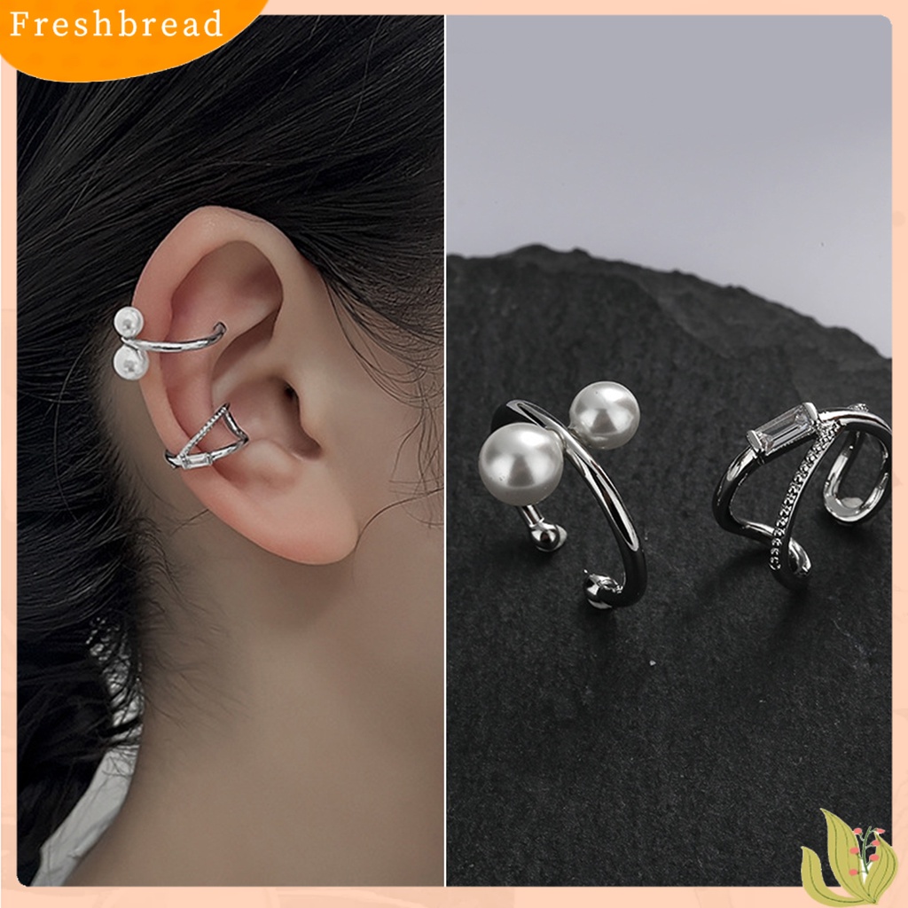 &lt; Freshbread &gt; 1Pc Klip Telinga Non-Piercing Temperamen Kilau Terang Berlian Imitasi Bertatahkan Semua Pertandingan Perhiasan Hadiah Geometris Wanita Perempuan Klip Silang Mutiara Imitasi Manset Telinga Untuk Pacaran