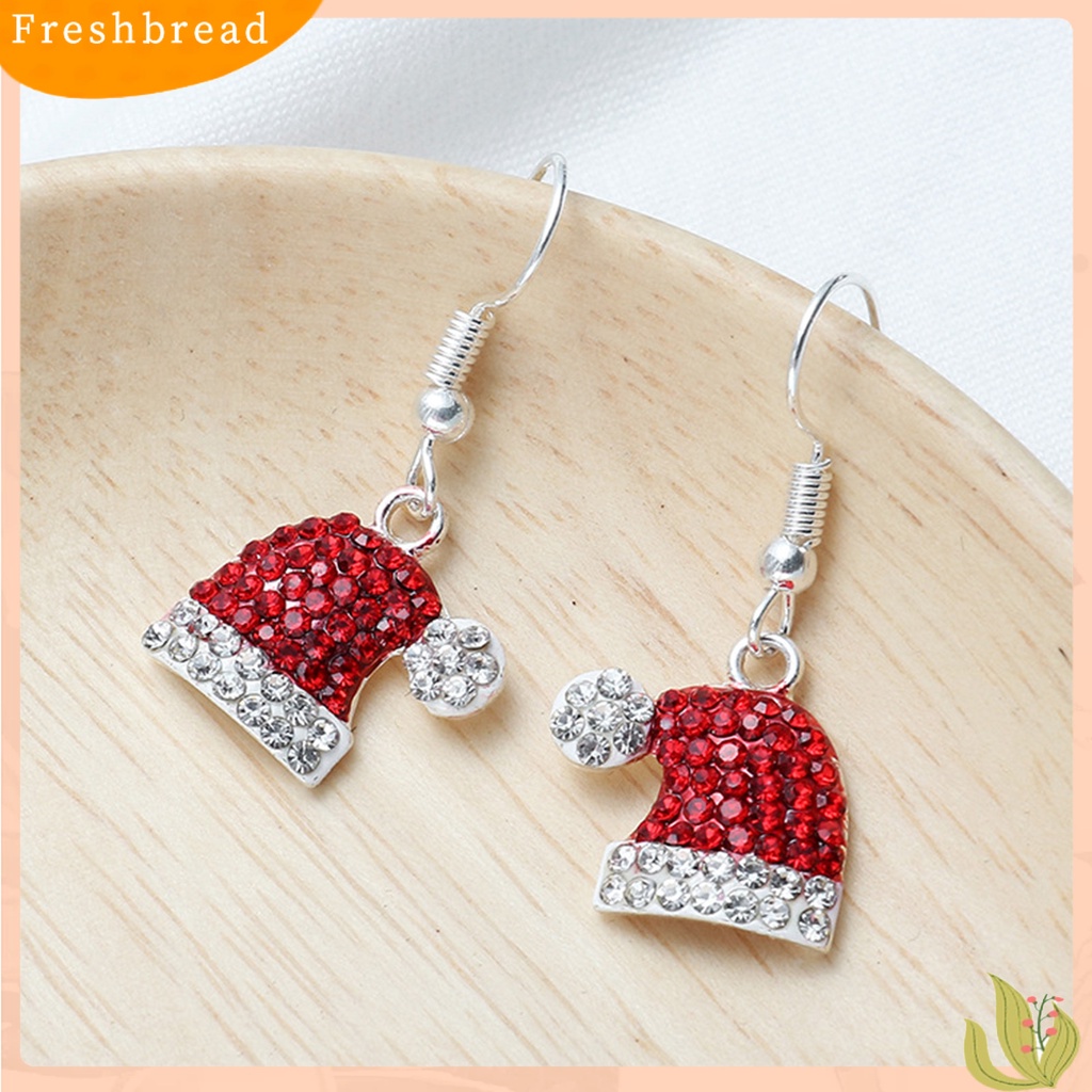 &lt; Freshbread &gt; 1pasang Drop Earrings Indah Topi Natal Bentuk Rusa Alloy Berlian Imitasi Tertanam Wanita Anting Kait Untuk Pesta