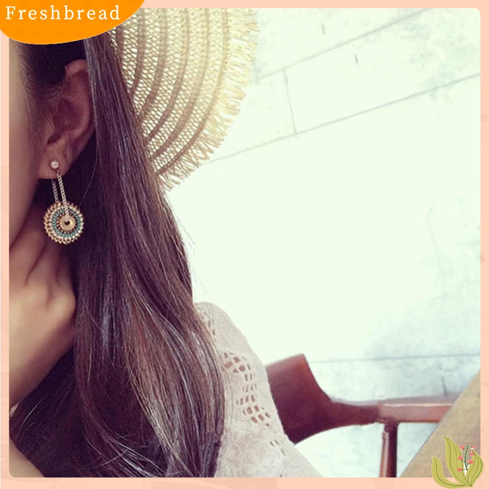 &lt; Freshbread &gt; Wanita Bohemian Bulat Buatan Tangan Liontin Drop Menjuntai Berlian Imitasi Eardrop Anting