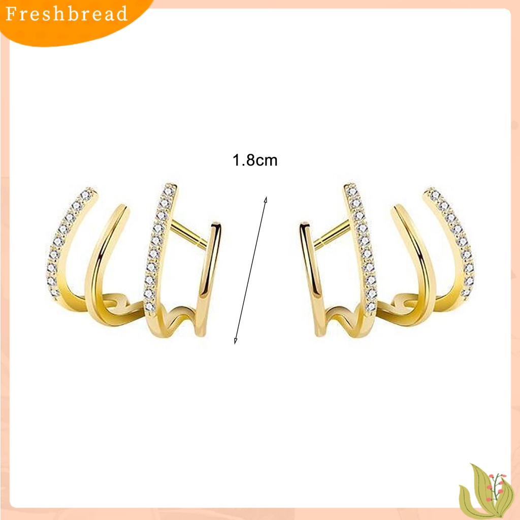 &lt; Freshbread &gt; 1pasang Berlian Imitasi Bersinar Ear Studs Pengerjaan Halus Kreatif Berbentuk U Empat Baris Wanita Anting Perhiasan Aksesoris