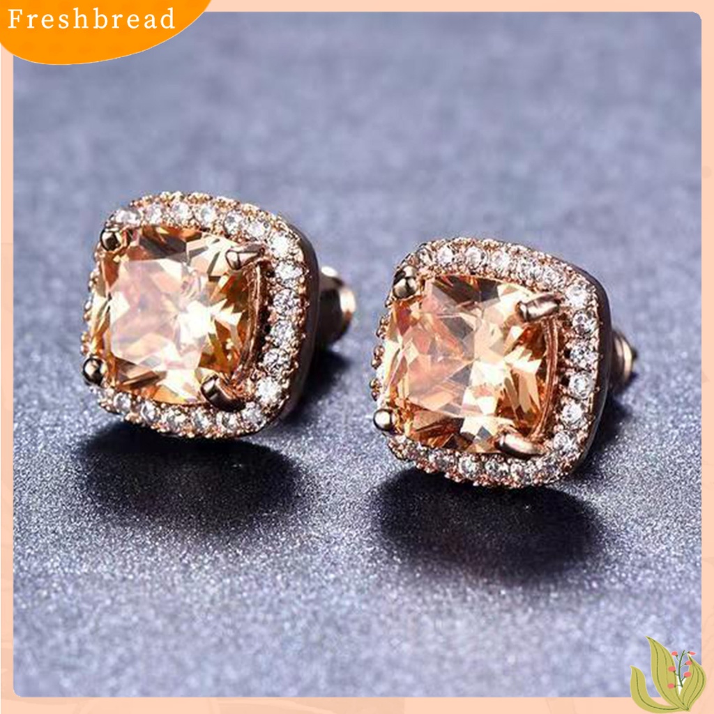 &lt; Freshbread &gt; 1pasang Giwang Telinga Persegi Kepribadian Indah Alloy Cubic Zirconia Hias Piercing Studs Earrings Untuk Kehidupan Sehari-Hari