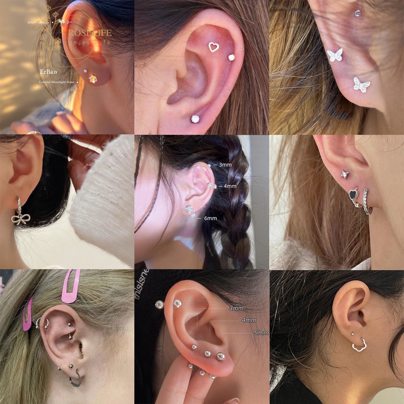 Roselife 1pasang Manis Keren S925 Perak Busur Hati Butterfly Hoop Earrings Untuk Wanita Perempuan Double-ended Round Ball Screw Earring Jewelry