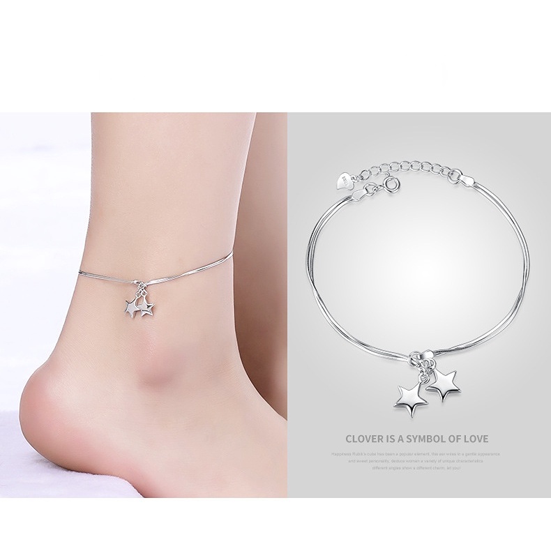 Goldkingdom Aksesoris Perhiasan Fashion Ready Stock Korea Rubik Kubus Lima Titik Bintang Kaki Rantai Wanita Lapisan Ganda Oktagonal Rantai Ular Empat Daun Rumput Kaki Perak