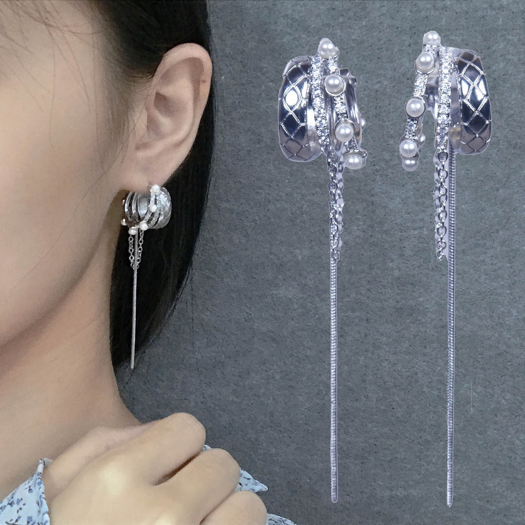 Goldkingdom Fashion Perhiasan Aksesoris Ready Stock Angin Dingin Mutiara Rumbai Panjang Perak Jarum Anting Perak Klip Telinga Joker Senior Sense Earrings Female