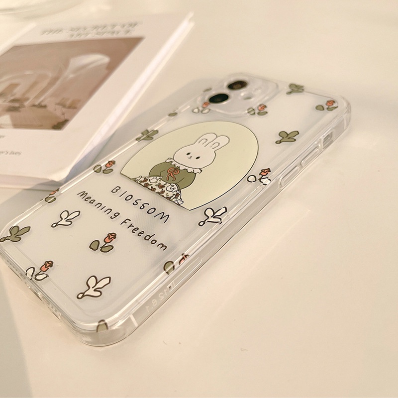 IPHONE Gadis Kartun Bunny Kelinci Dengan Bunga Mawar Lembut Transparan Casing Ponsel Cover Untuk Iphone7 8 PLUS X XR XS 11 12 13 MINI PRO MAX SE 2020