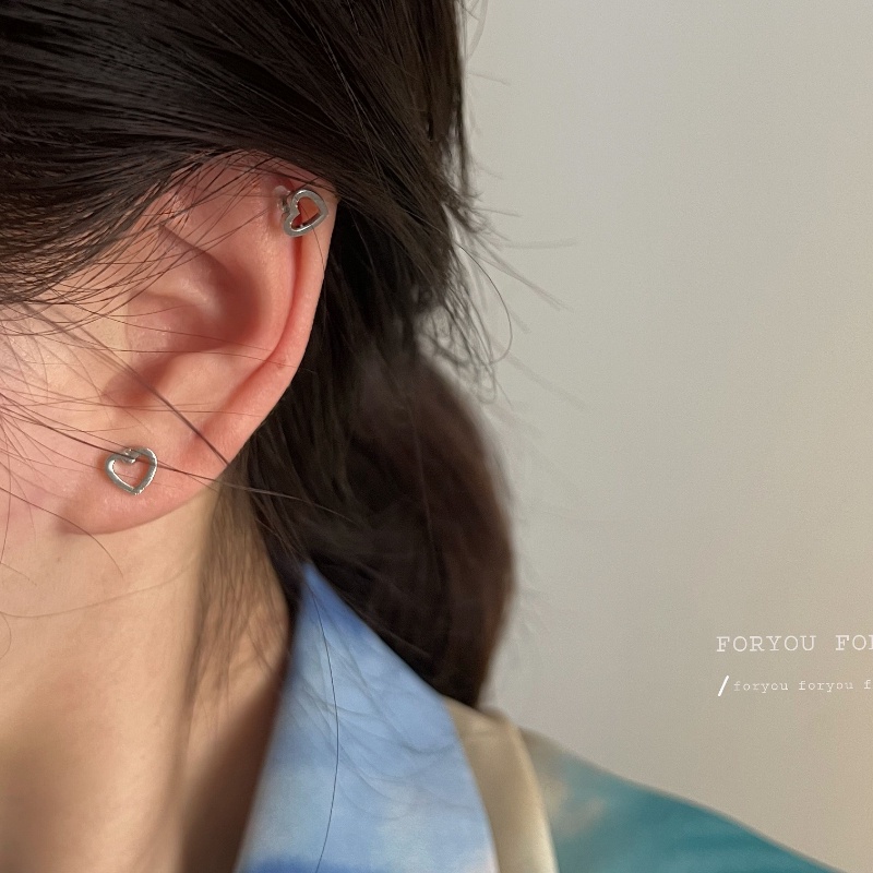 Roselife 1 Pc Punk Perak Baja Titanium Berongga Jantung Sekrup Anting Untuk Wanita Gadis Chic Bola Bulat Jantung Double-end Stud Earring Piercing Tulang Telinga Perhiasan Aksesoris