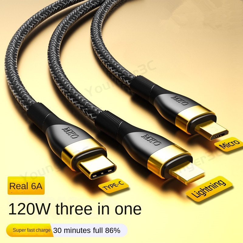 40menit Penuh 120W 6A Kabel Pengisian Super Cepat 3in1 Jalur Data Pengisian Flash Lapis Emas Untuk Iphone Tipe C Android