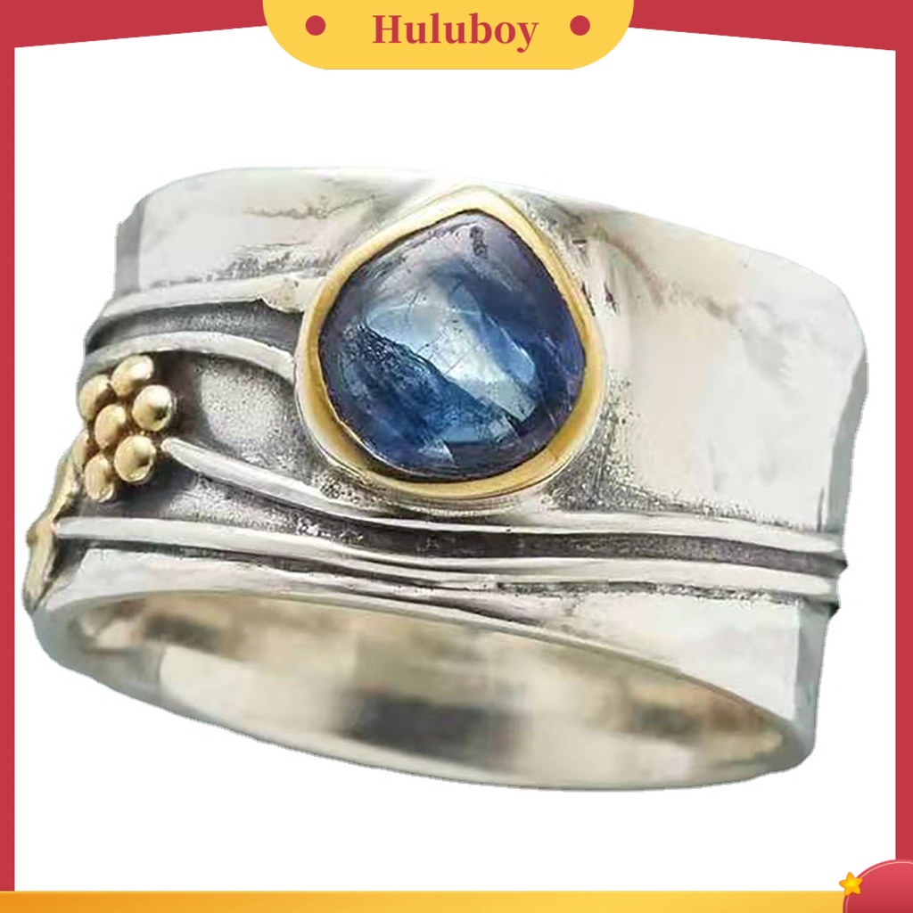 {Ready Stock} Cincin Vintage Two-tone Sederhana Statement Biru Permata Imitasi Daun Bunga Jari Cincin Perhiasan Aksesoris