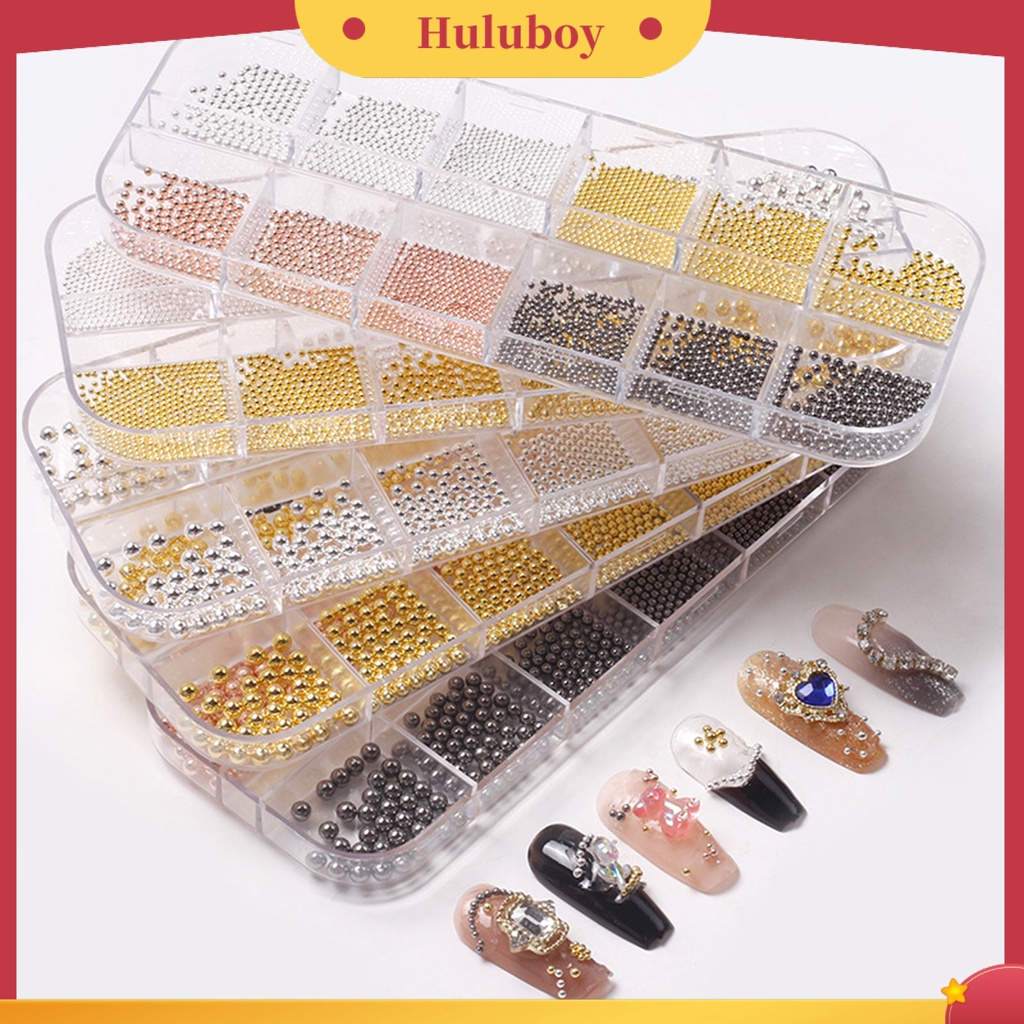 {In Stock} 1kotak Bola Baja Kuku Tiga Dimensi Berkilau Berkilau DIY Ukuran Campur 12kisi Bola Baja Bulat Hiasan Nail Art Untuk Salon Kuku