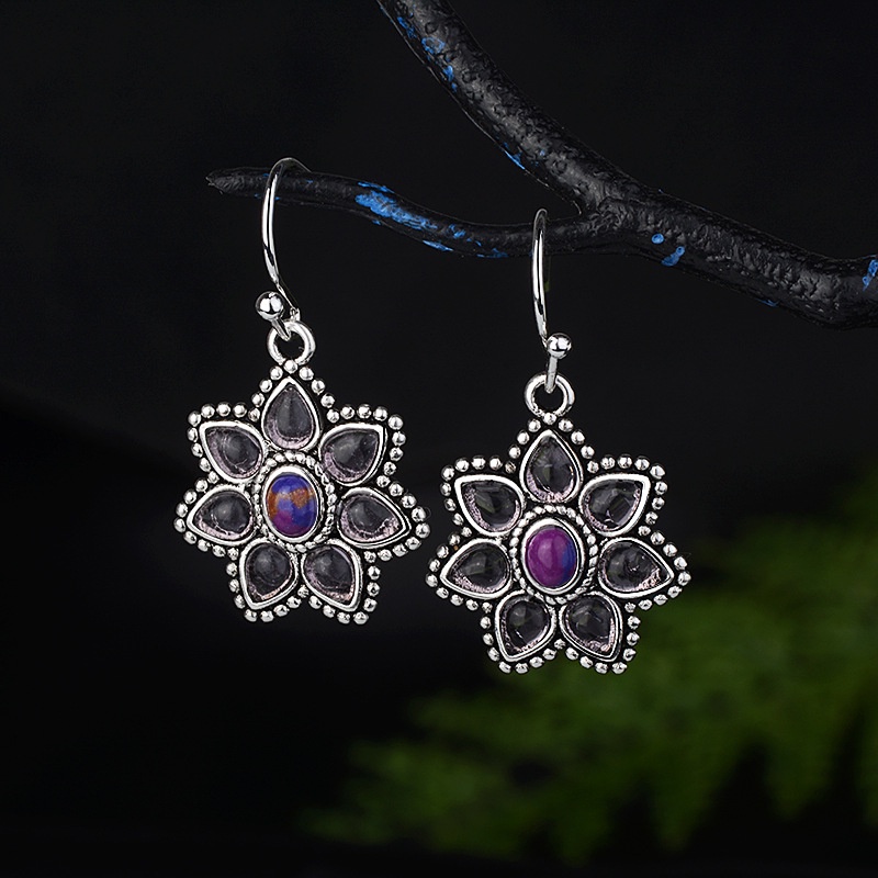 Goldkingdom Fashion Perhiasan Aksesoris Ready Stock Vintage Thai Perak Naga Ungu Kristal Kelopak Anting Perempuan Peach Blossom Ungu Turquoise Earrings Earrings