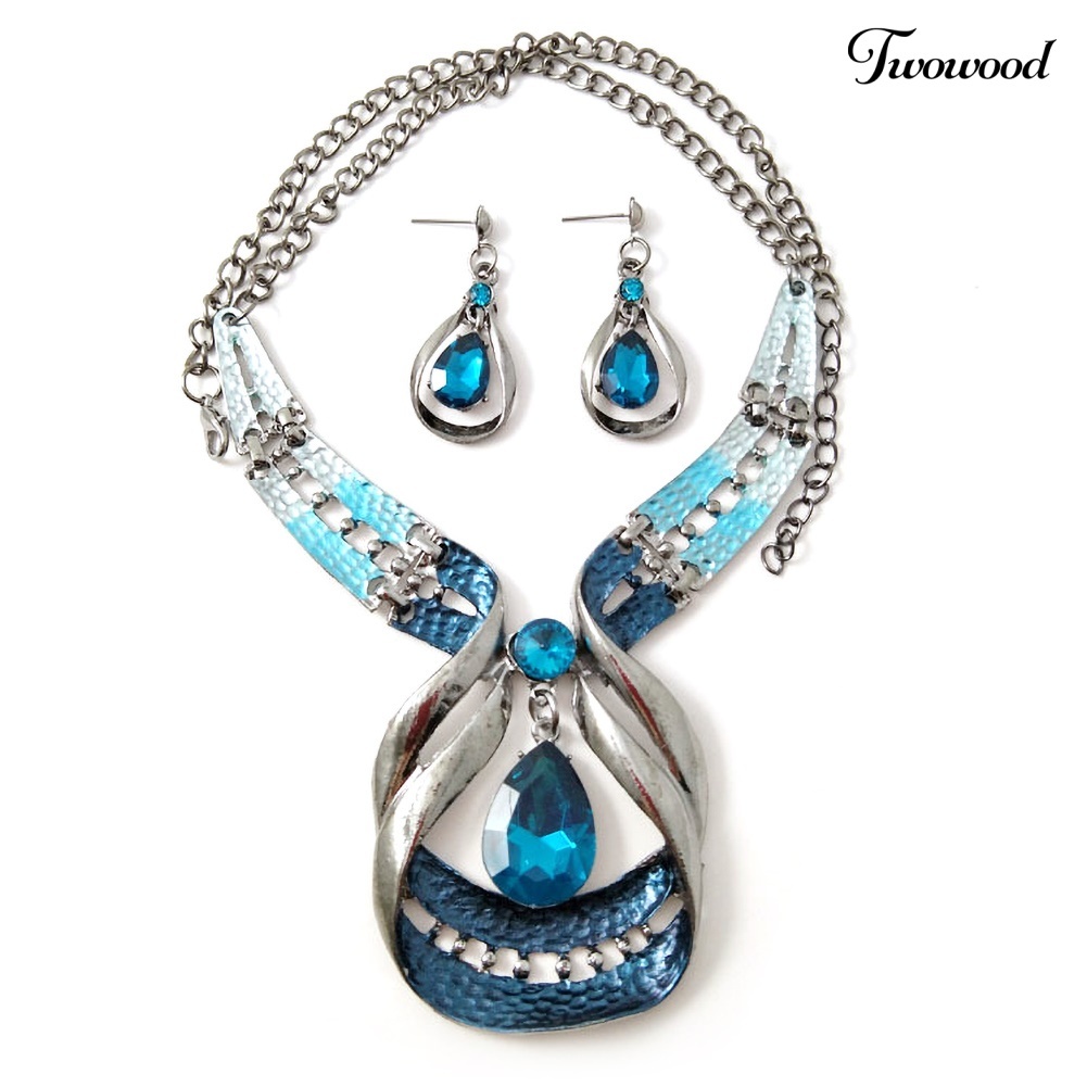 Twowood Wanita Fashion Water-drop Faux Sapphire Menjuntai Ear Studs Kalung Perhiasan Set