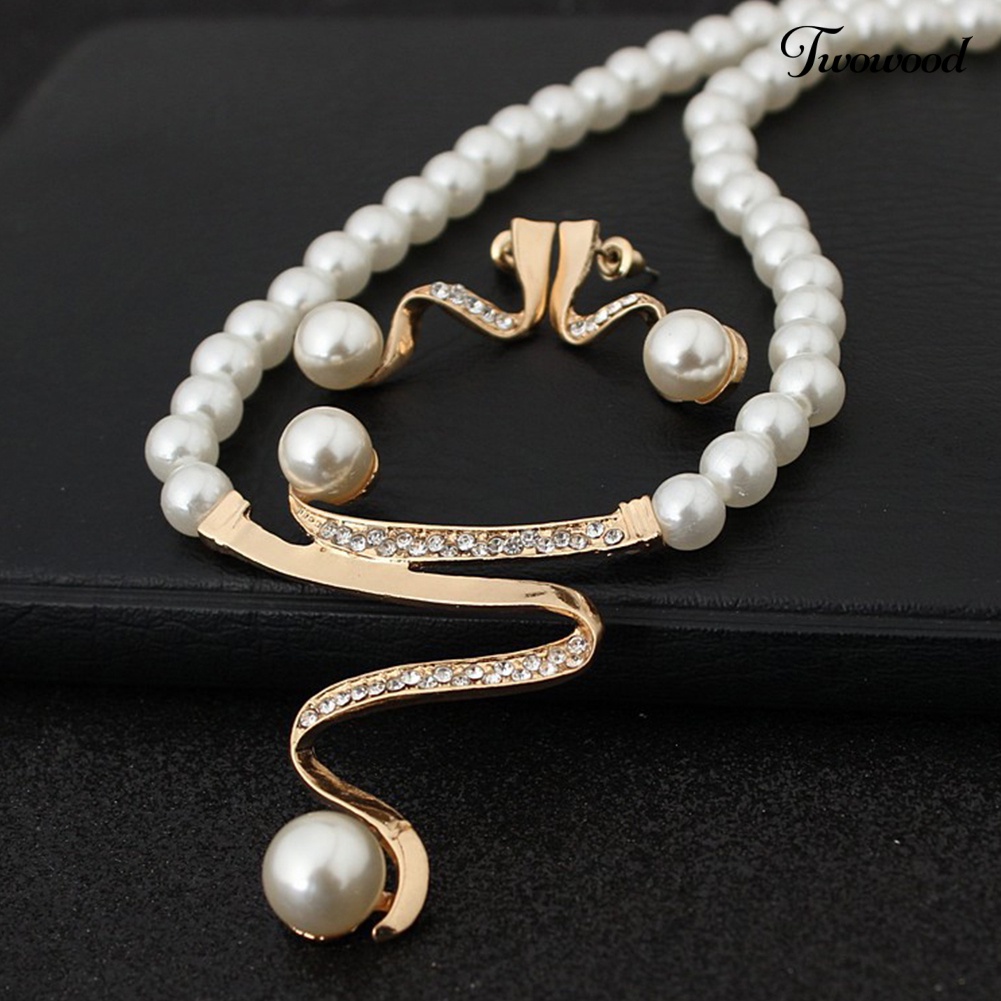 Twowood Berlian Imitasi Faux Pearl Beaded Necklace Stud Earrings Set Perhiasan Pernikahan Pengantin