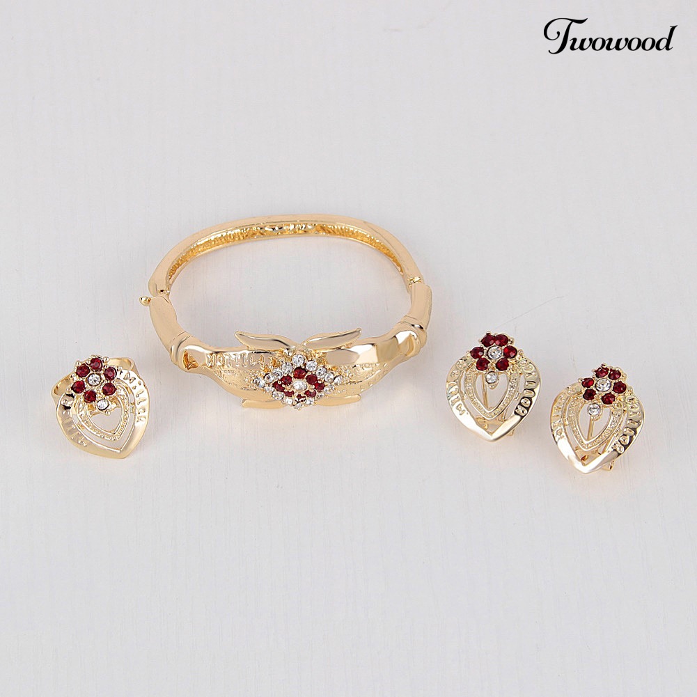 Twowood Berlian Imitasi Hati Bunga Kalung Stud Anting Cincin Gelang Wanita Set Perhiasan