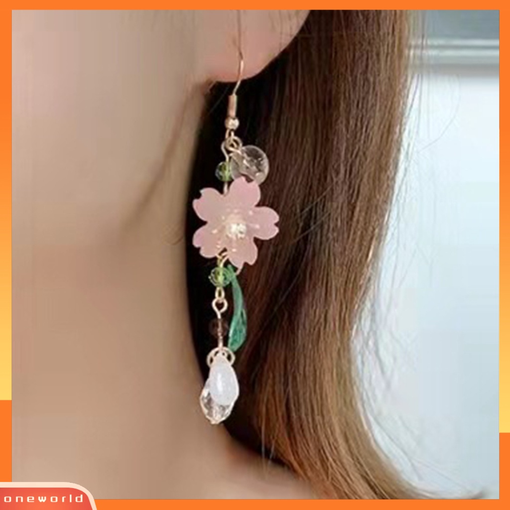 [OWR] 1pasang Ladies Earrings Unik Chic Semua Pertandingan Panjang Elegan Hias Logam Bunga Sakura Menjuntai Anting Hadiah