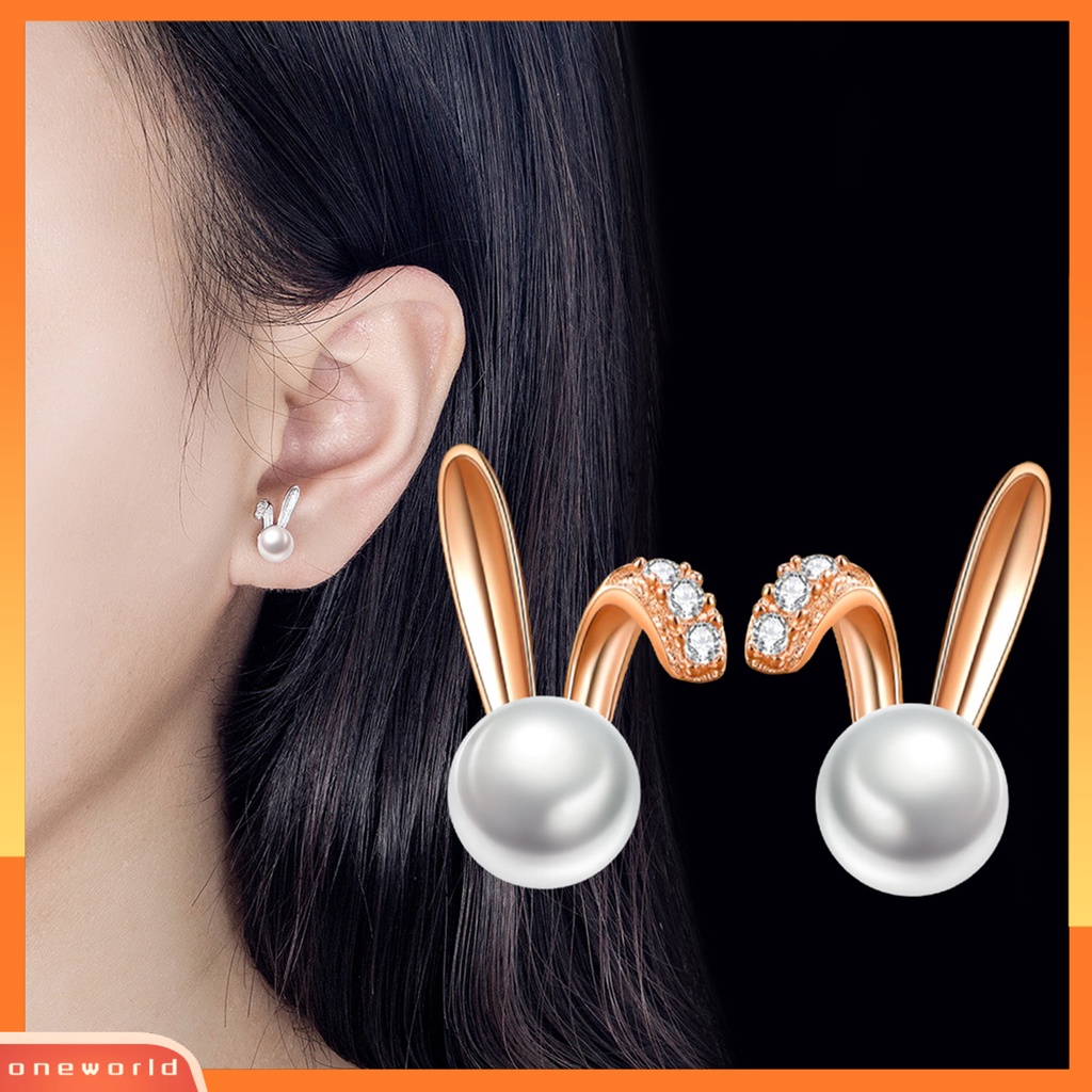 [ONE] 1pasang Ear Studs Geometric Charming Shining Piercing Tanpa Sakit Memakai Dekorasi Hypoallergenic Kelinci Mutiara Imitasi Anting Perhiasan Aksesori