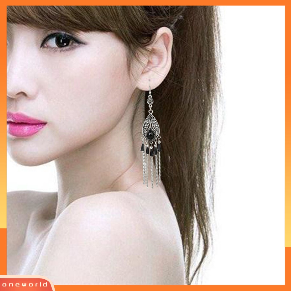 [OWR] 1pasang Wanita Anting Drop-shaped Rumbai Panjang Hias Berlian Imitasi Tahan Keringat Anti Karat Gaya Cina Drop Earrings Fashion Perhiasan