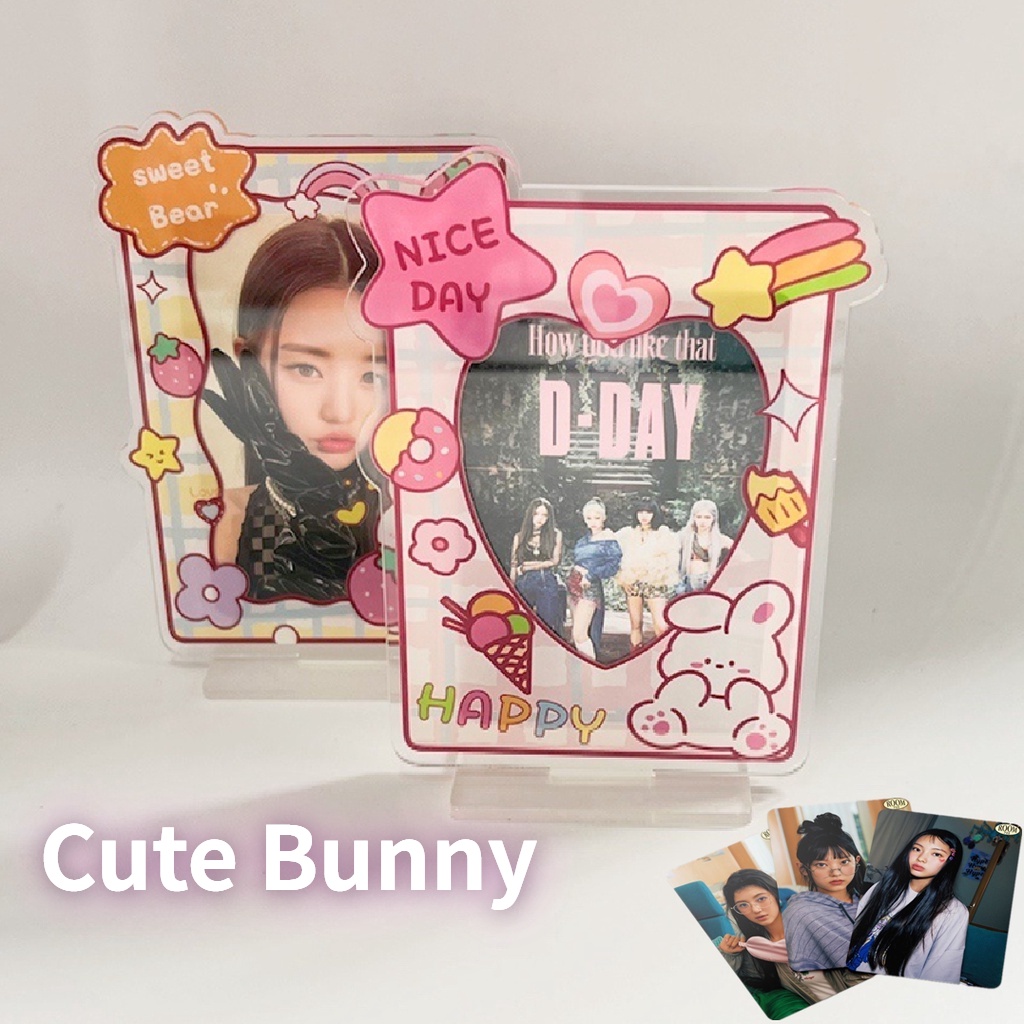 Tempat Kartu Akrilik 3inch Cute Bunny Bingkai Foto Kpop Idol Photocard Desktop Display Frame Kartun Case Pelindung