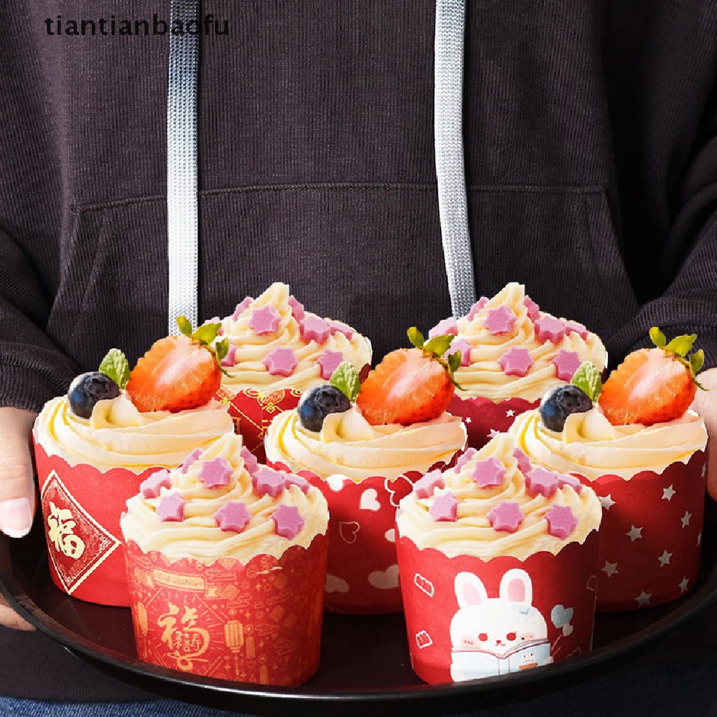[tiantianbaofu] 50pcs Dekorasi Kue Imlek Pernikahan Ulang Tahun Spring Festival Pastry Cupcake Packaging Merah Paper Cup Butik