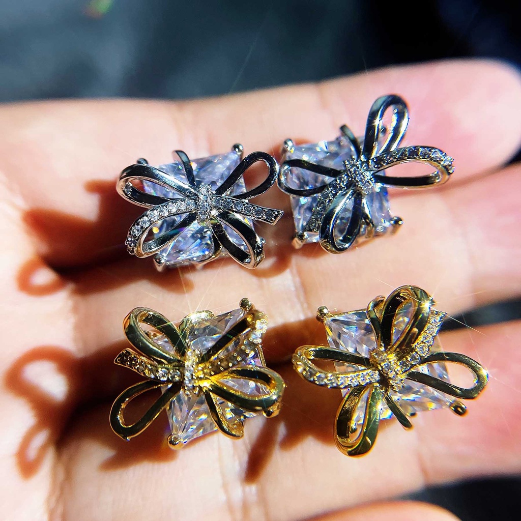 Goldkingdom Aksesoris Perhiasan Fashion Ready Stock Jewelry Gift Box Dengan Berlian Busur Stud Anting Perak Disepuh Jarum Earrings