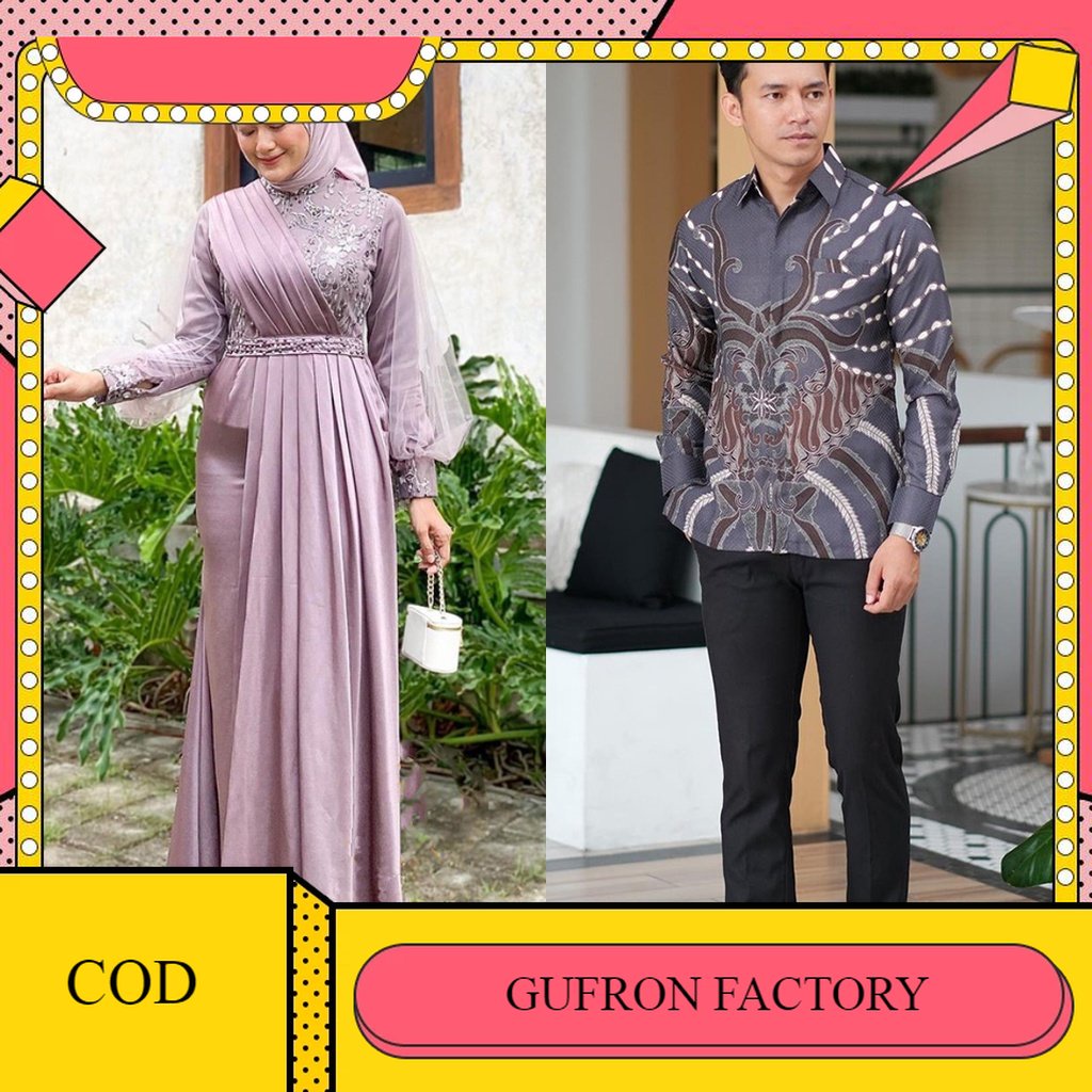WOU BATIK STYLE - Gamis Couple Lebaran Adeeva Dress Kondangan Modern Satin Mix Brokat Payet Premium 