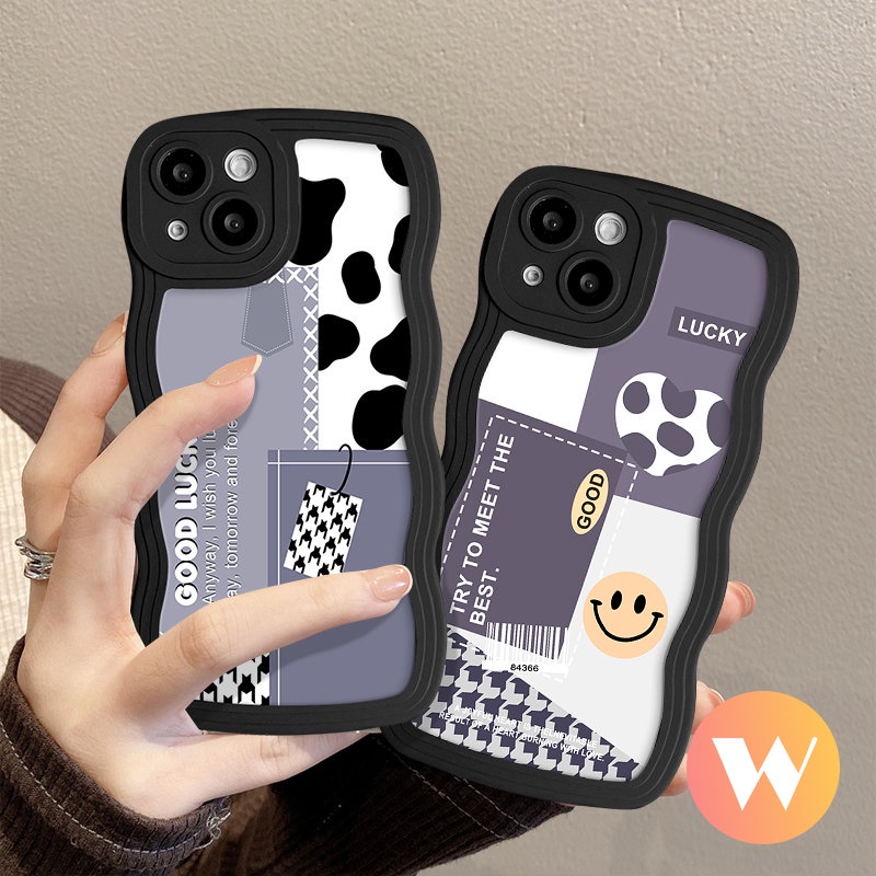 IPHONE Casing Motif Leopard Tepi Bergelombang Kompatibel Untuk Iphone7 8 6s 6 14 Plus 11 13 12 14 Pro Max 7Plus X XR XS Max SE 2020 Splicing Smlile Houndstooth Soft Tpu Back Cover