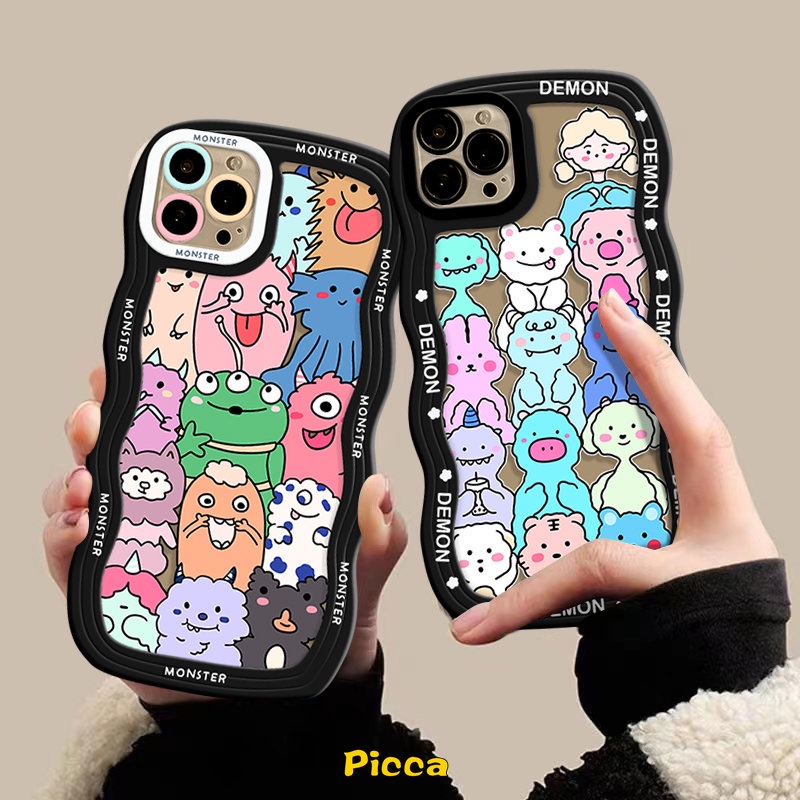 Case Monster Kecil Lucu Imut Kompatibel Untuk IPhone XR 11 13 12 14 Pro Max 7Plus 6s 6 7 8 Plus X XS Max14 Plus SE 2020 Kartun Hewan Lembut Bergelombang Tepi Belakang Ponsel Cover