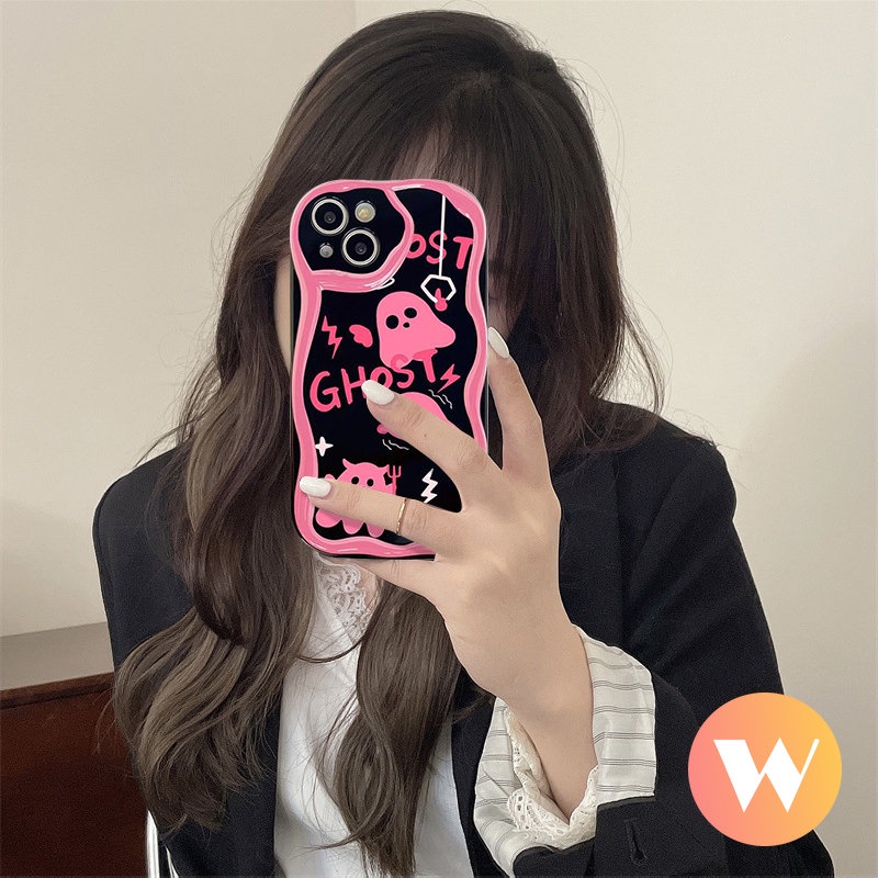 IPHONE Casing Ponsel Lucu Pink Soul Ghost Kompatibel Untuk Iphone7 8 6 6s Plus 11 13 12 14 Pro Max XR X XS Max SE 2020 3D Wavy Curved Edge Tpu Lembut Glossy Shockproof Cover