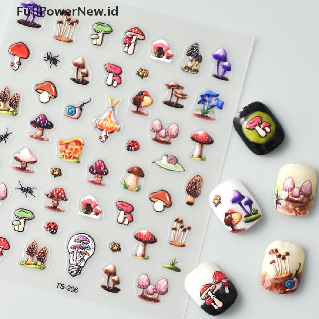 Power 5D Mushroom Nail Decals Jamur Warna-Warni Lem Belakang Nail Art Stiker ID