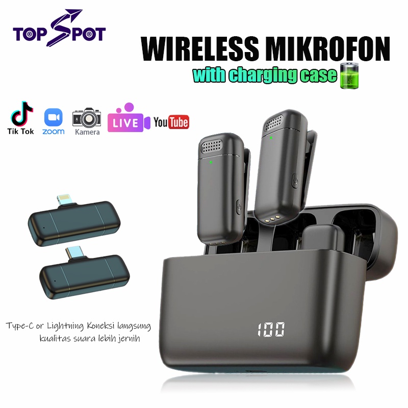 Topspot Dual Mikrofon Lavalier Nirkabel with Charging Case Digital Display Mic Wireless Dengan Casing Sekaligus Charger 2 Microphone Wireless Dual Mikrofon Lavalier Mic  HP Untuk Youtuber Live Stream Vlogging