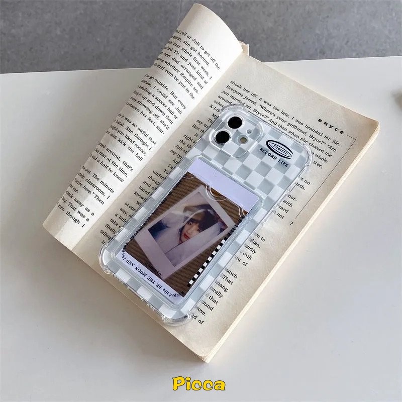 IPHONE Fashion Kotak-Kotak Transparan Tas Kartu Ponsel Case Untuk Iphone7 8 14 Plus XR 11 12 13 14 Pro Max 6 6s Plus X XS Max SE 2020 Bening Card Holder Soft Tpu Cover