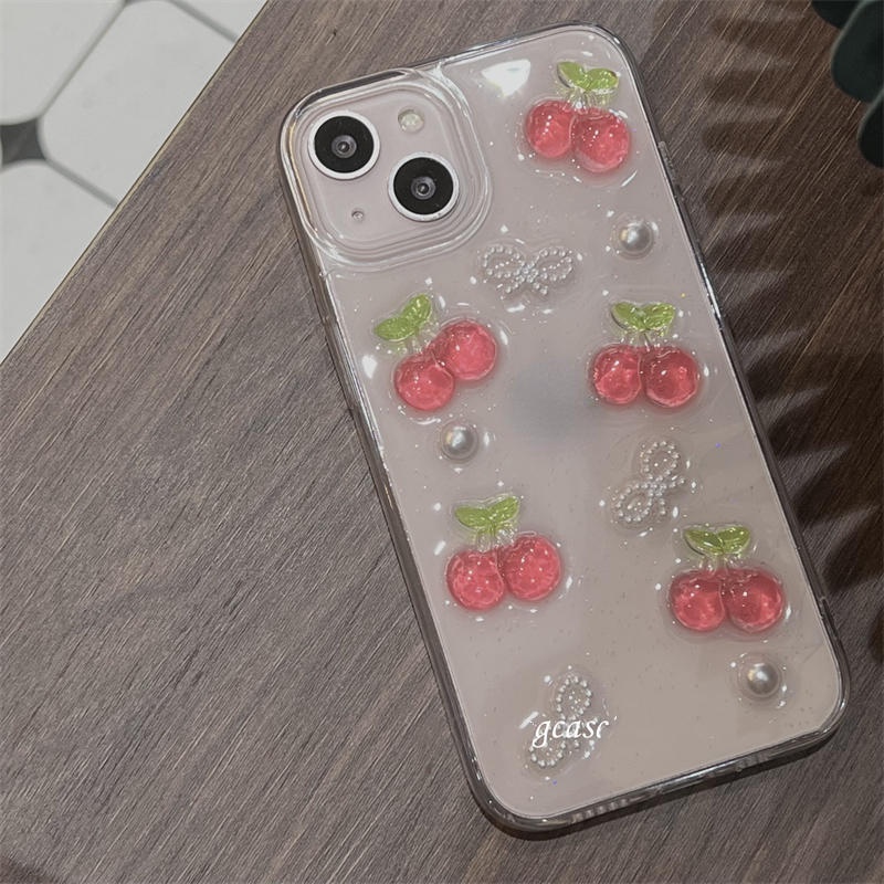 Casing Ponsel Epoxy Cherry Buah Glitter 3D Untuk iPhone 14 13 12 11 Pro MAX Plus Mini Bening Lucu Lembut TPU Cover Untuk iPhone X XS MAX XR 7 8 Plus SE 2022 2020 14Plus 13Mini 12Mini