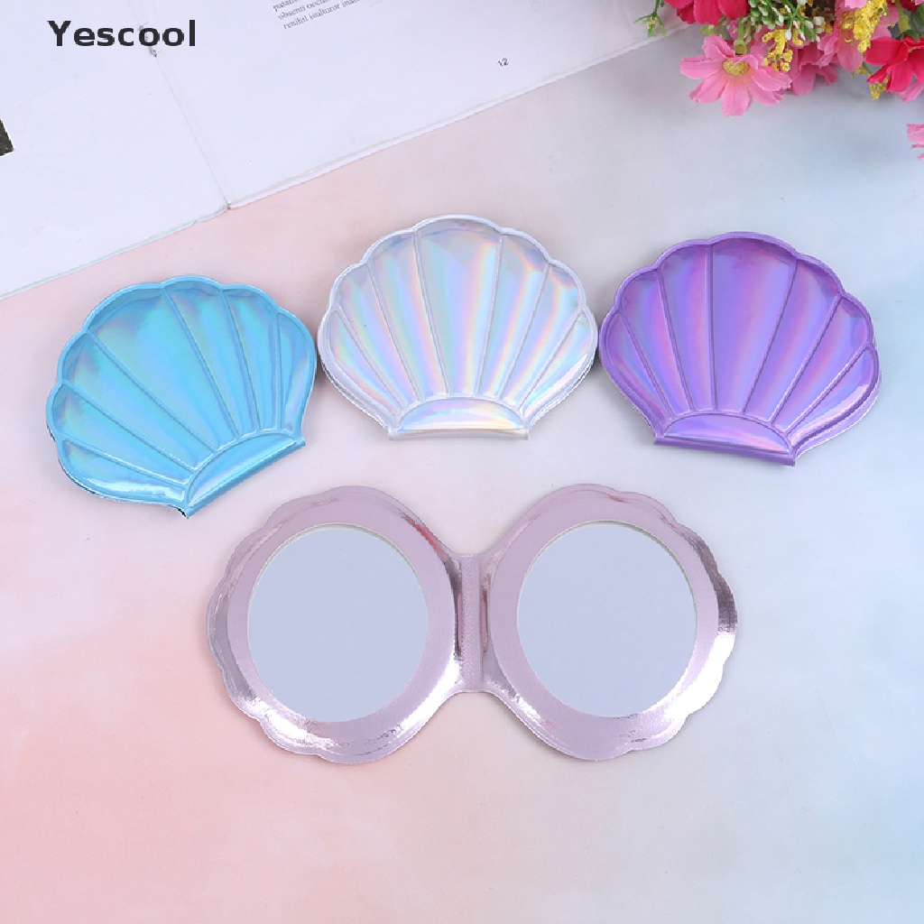 Yescool Bentuk Kerang Laut Compact Cermin Kosmetik PU Leather Kaca Pembesar Makeup Dua Sisi ID