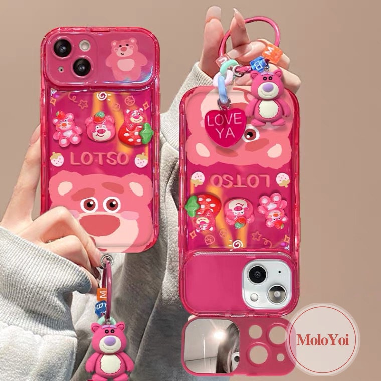 IPHONE 3d Flip Make Up Cermin Imut Strawberry Bear Manyo Toys Case Kompatibel Untuk Iphone14 11 12 13 Pro MAX 7Plus XR 11 Pro MAX 7 8 14 Plus X XS MAX SE Soft Cover Tahan Guncangan