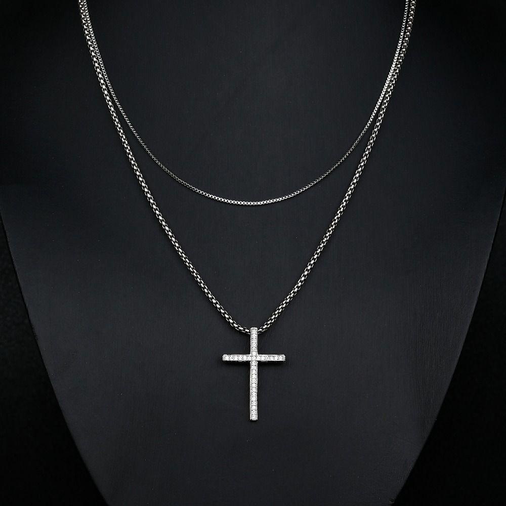 Needway Pria Perhiasan Fashion Keperakan Pesona Yesus Salib Zirkon Gaya Jalan Hip Hop Salib Liontin