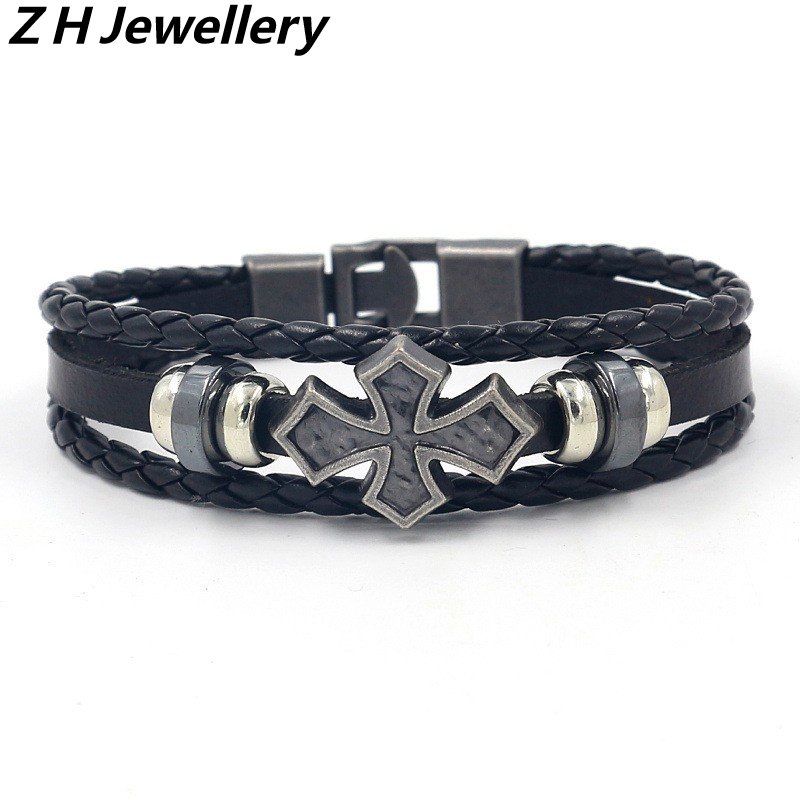 [Z H Perhiasan] Vintage Rock Cross Religi Gelang Kulit Pria Dan Wanita Fashion Stainless Steel Multi layered Beaded PU Bracelet Punk Pesta Perhiasan Aksesoris