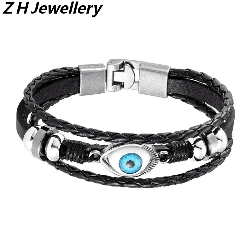 [Z H Perhiasan] Vintage Rock Devil's Eye Gelang Kulit Pria Dan Wanita Fashion Pacar Pasangan Stainless Steel Multi Layer Manik-Manik PU Gelang Punk Pesta Perhiasan Aksesoris