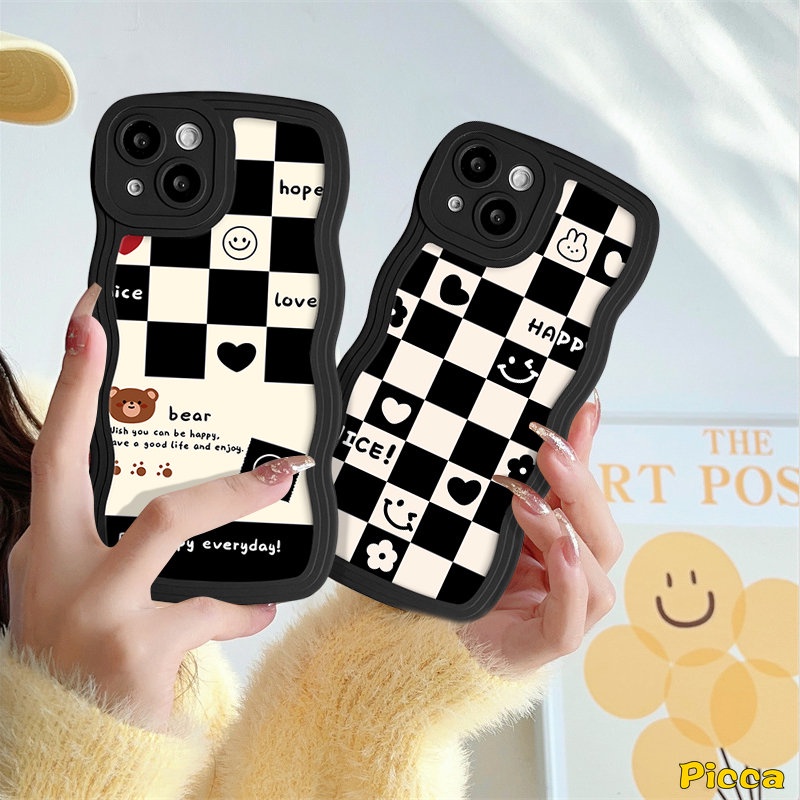 Redmi Note11 10 9 8 11Pro 10s 11s 9s 10Pro Max Redmi A1+10C 9A 9T 9 10A 9C A1 10 POCO M3 X3 NFC Pro Mi 11T Pro Smile Love Heart Chessboard Beruang Lucu Couple Lembut Bergelombang Tepi Sarung