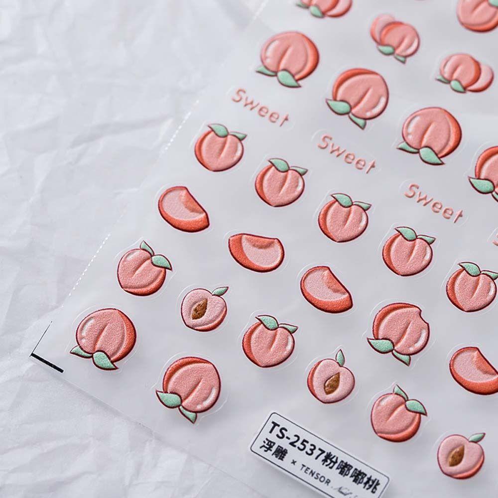 AUGUSTINA Agustina Kartun Stiker Kuku Wanita 3D Relief Kitty Kucing Strawberry Smile Peaches Dekorasi Kuku