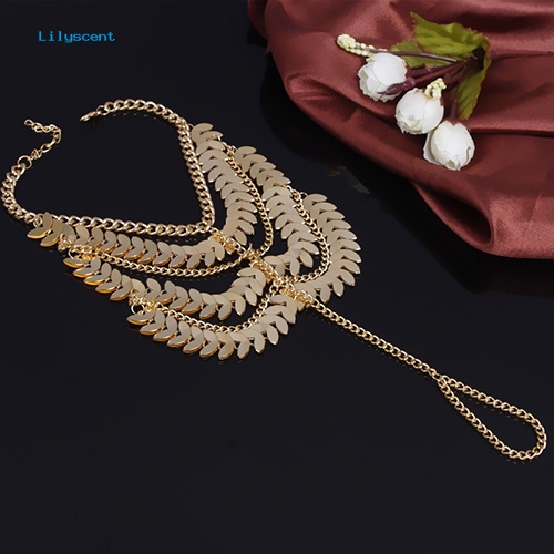 Lilyscent Tassel Ankle Bracelet Multi-Layer Anklet Golden Leaves Chain Toe Ring Barefoot