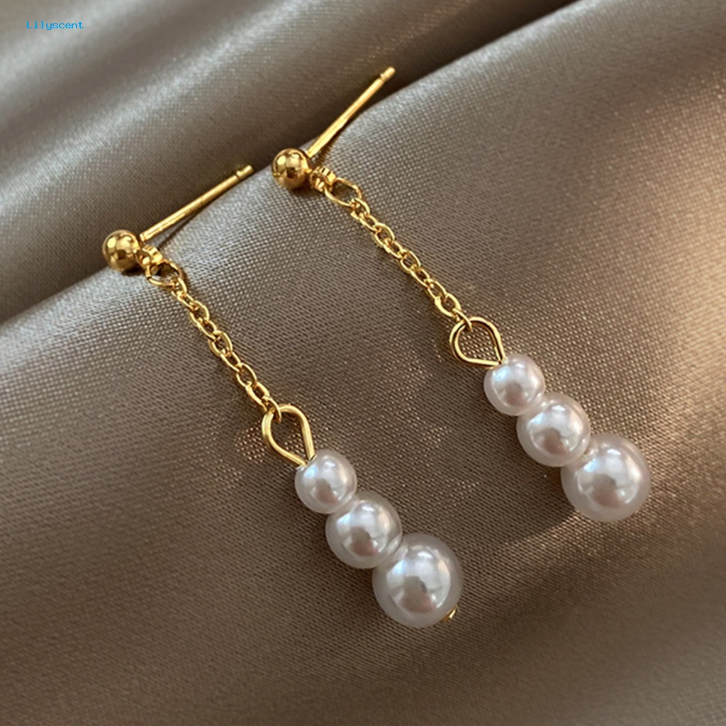 Lilyscent 1pasang Hypoallergenic Stud Earrings Fashion Perhiasan Shiny Faux Pearl Tassel Stud Earrings Golden