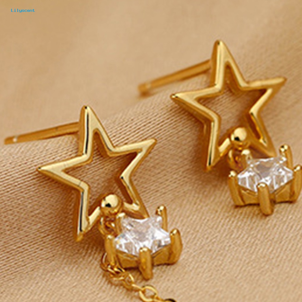 Lilyscent 1pasang Anting Telinga Temperamen Fashion Perhiasan Bling Cubic Zirconia Star Stud Earrings Dainty