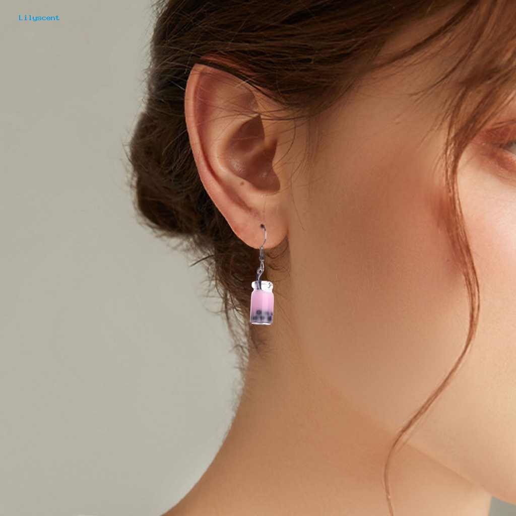 Lilyscent 1pasang Anting Drop Aman Perhiasan Fashion Multi-Warna Teh Susu Wanita Menjuntai Anting Lucu