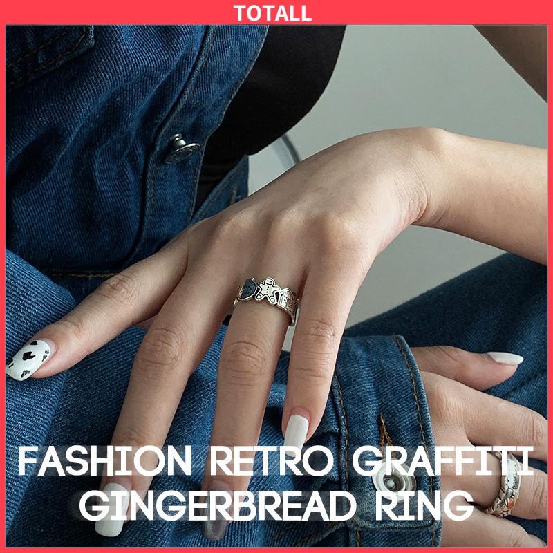 COD Grafiti Perak Gingerbread Man Cincin Terbuka Adjustable Ring Retro Korea Vintage Gaya Untuk Pria Dan Wanita-Totall