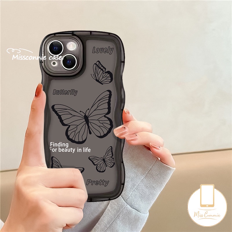 IPHONE Art Fashion Vintage Black Fantasy Flower Butterfly Case Kompatibel Untuk Iphone11 Pro Max 7Plus 13 11 14 12 Pro Max XR 6s 7 8 6 14 Plus X XS Max SE 2020 Wavy Edge Tpu Soft Cover