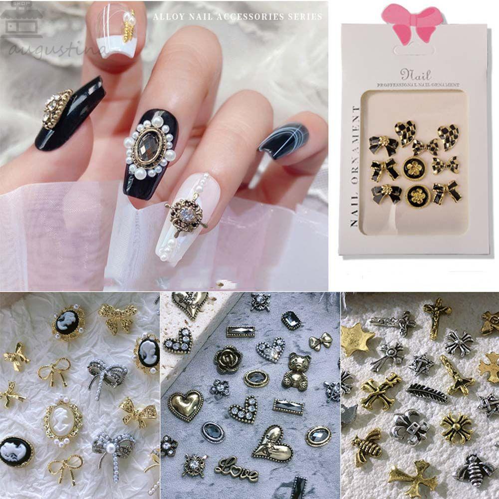 Agustinina Kecantikan Kepala Kuku Berlian Imitasi Emas &amp; Perak Gaya Punk Hati Bunga Manicure Ikatan Simpul Bentuk 3D Nail Art Charms
