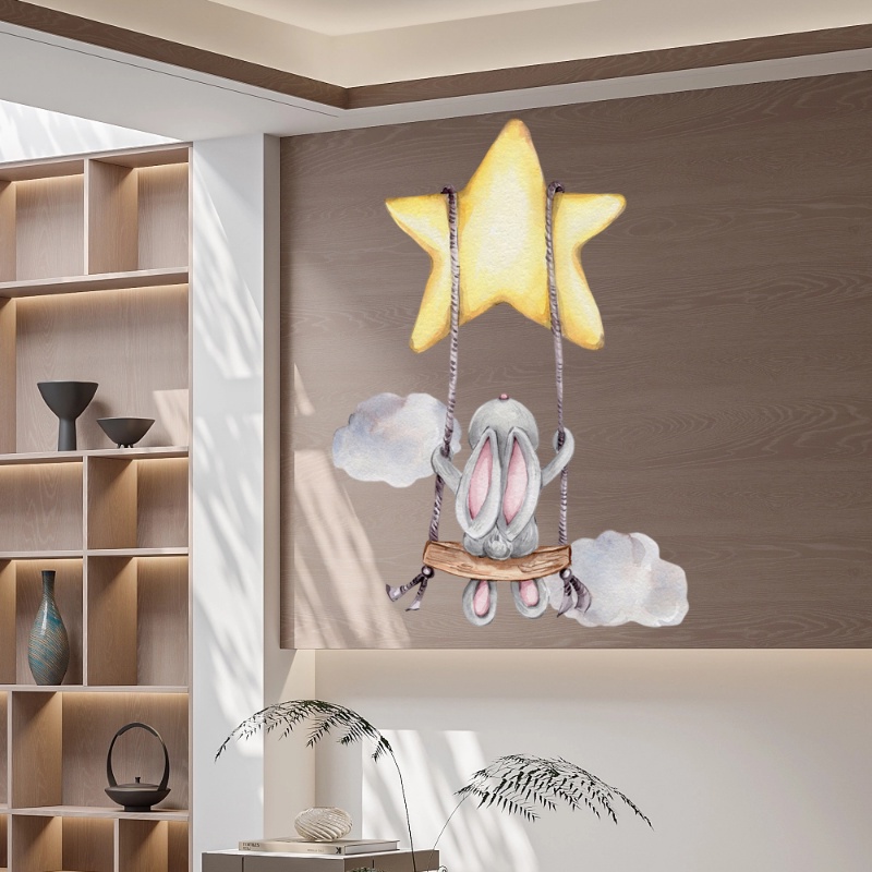 Bunny Baby Nursery Stiker Dinding Kartun Kelinci Swing on The Stars Wall Decals Untuk Kamar Anak PVC Removable Sticker DIY Dekorasi Rumah