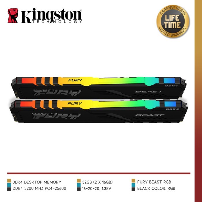 Kingston Fury Beast RGB RAM DDR4 3200MHz 32GB (2x16GB) - KF432C16BBAK2/32