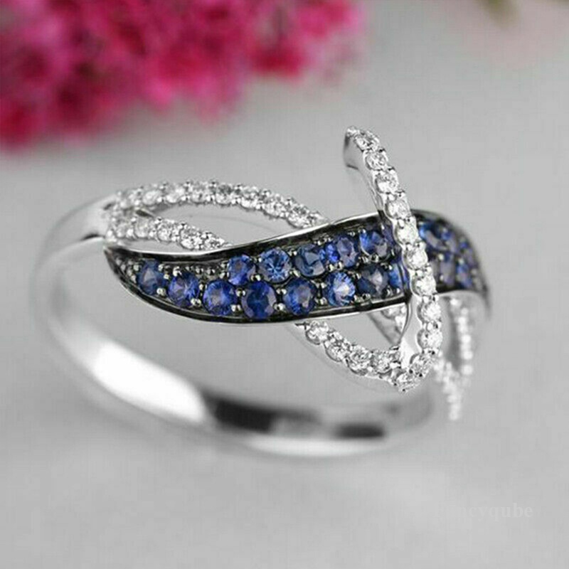 Cincin Berlian Biru Geometris Garis Silang Cincin Kawin Tunangan Untuk Wanita Perhiasan Halus Untuk Wanita